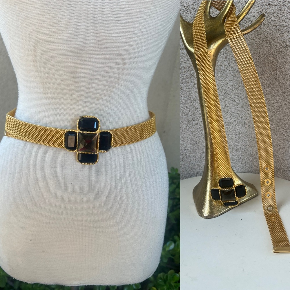 Vintage glam belt golden mesh with cross amber tone gemstones buckle fits 27-31”